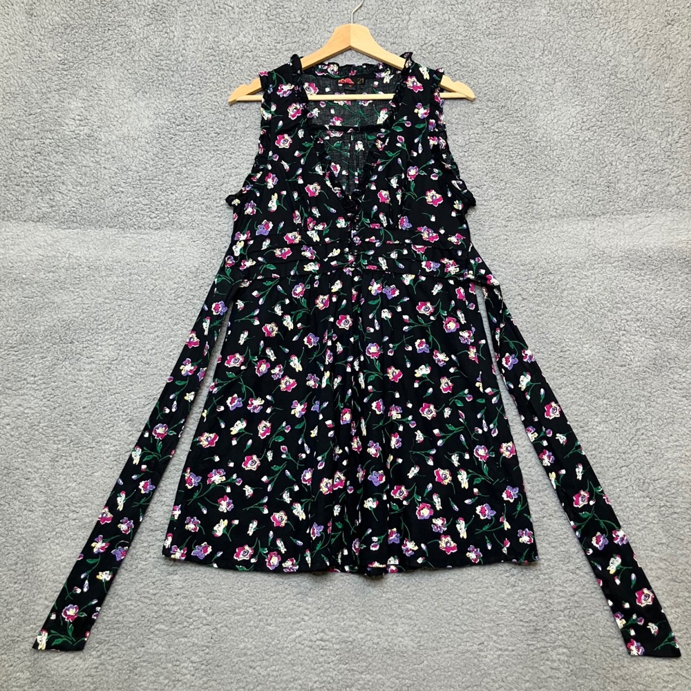 Y2K Forever 21 Mini Tank Dress Women M Black Floral Ruffle Corset Button Front